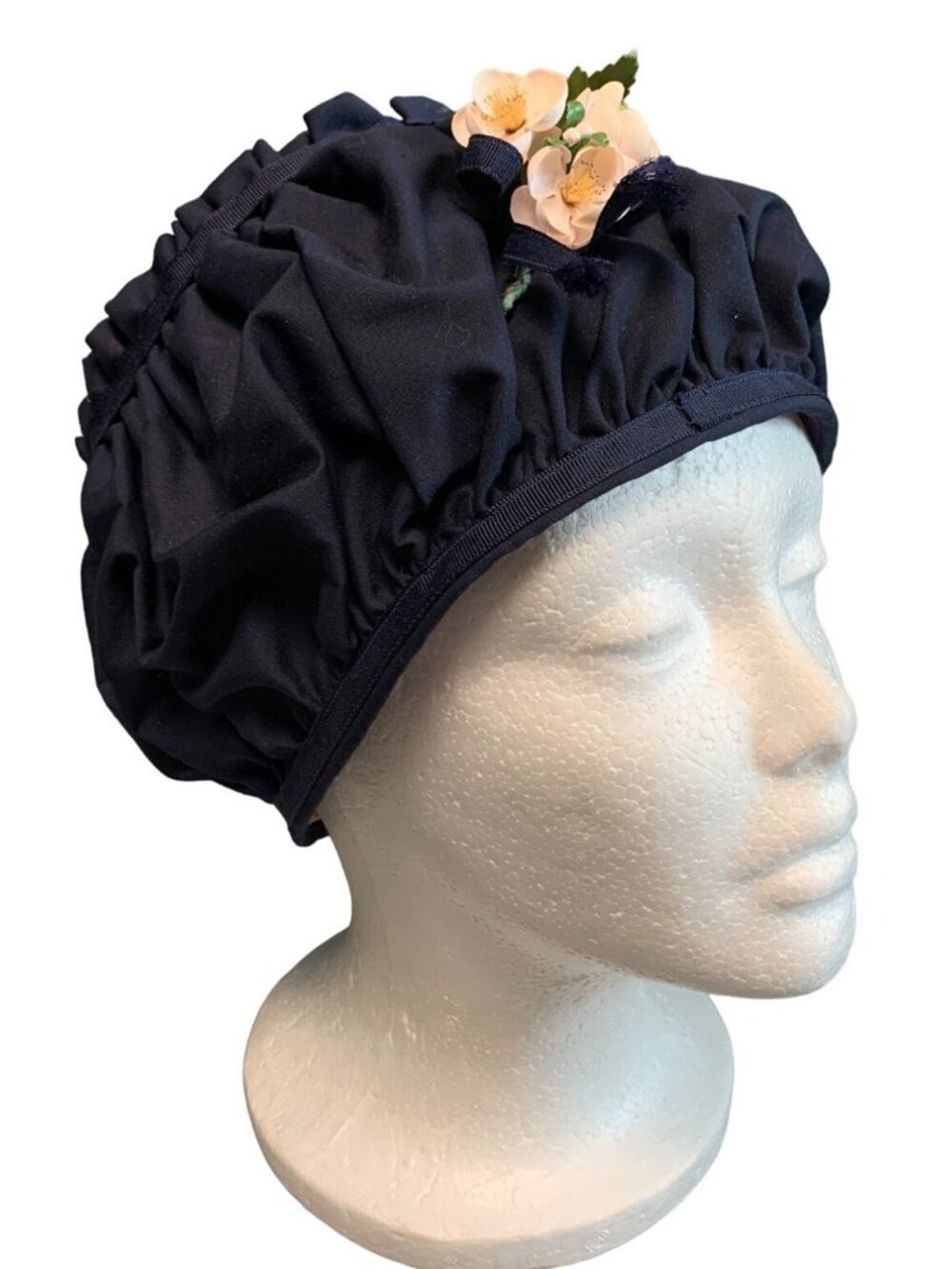 Handmade Navy Blue Ruffled Vintage Hat Floral Accent Pauline Boyer 21"